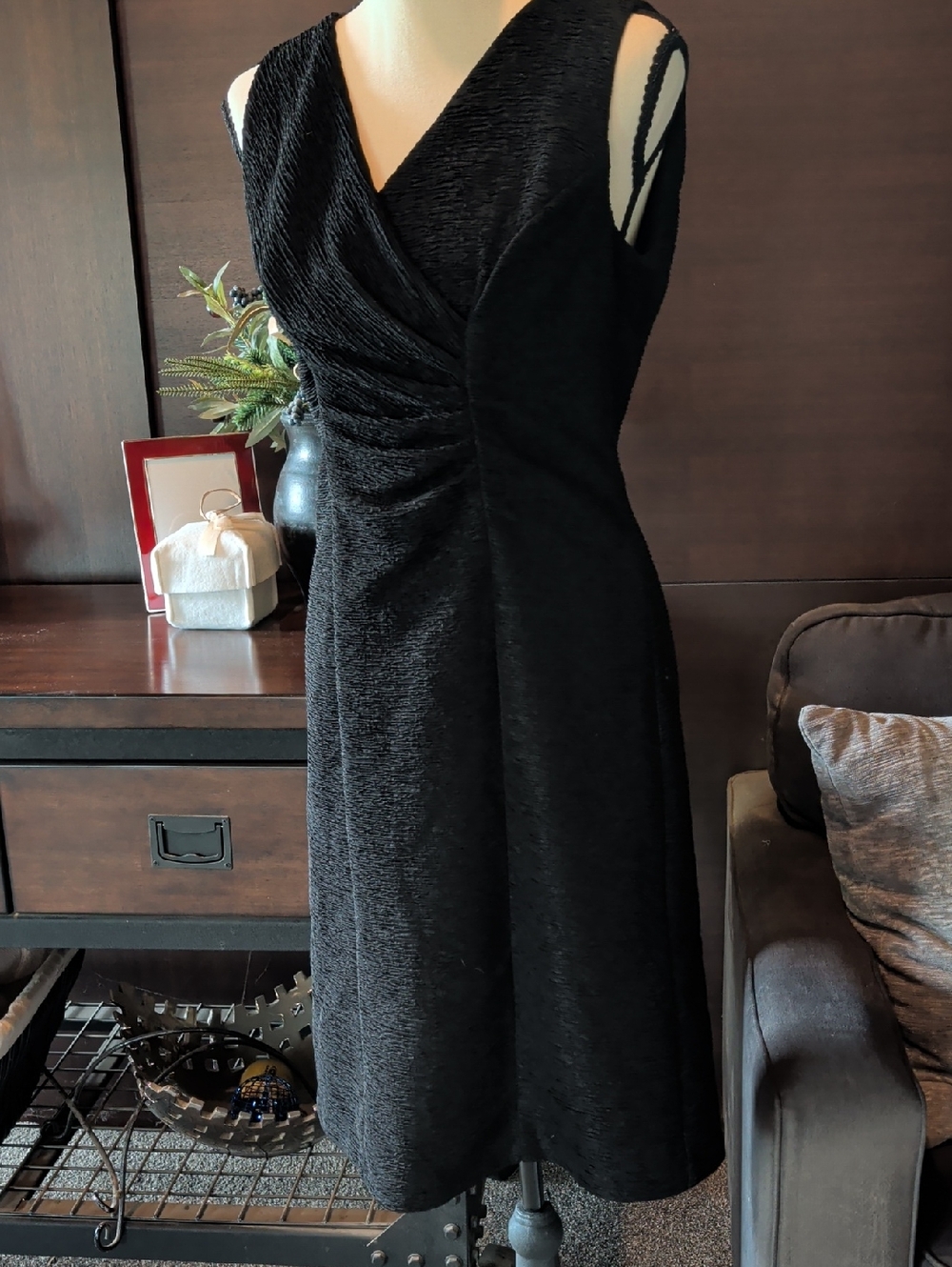 Coldwater Creek Black Textured V-Neck Midi Dress